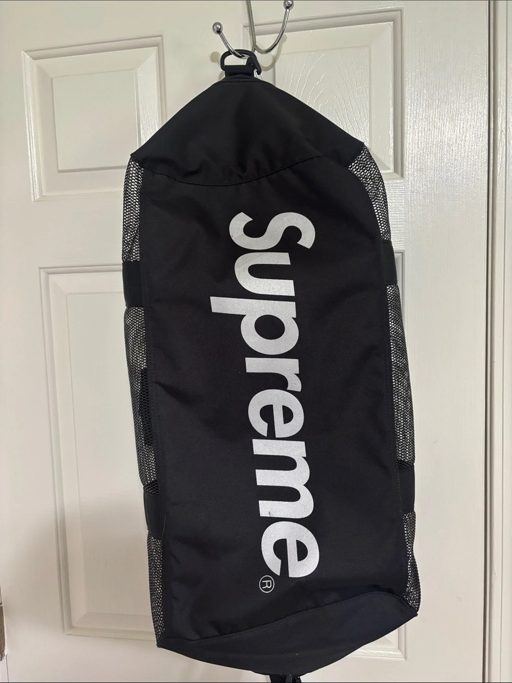 Supreme Black Duffel with White Vertical Logo